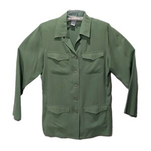 Anna & Frank Womens Pure Silk Long Olive Green Blouse Size S Shoulder Pads vtg